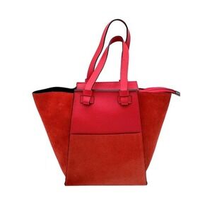 Vera Pelle Italian Leather & Suede Tote Bag Structured Zip Top Red Excellent